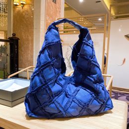 Denim shoulder bag with worn style Rhomboid stitched women's bright color handbag Large capacity zipper bag soft