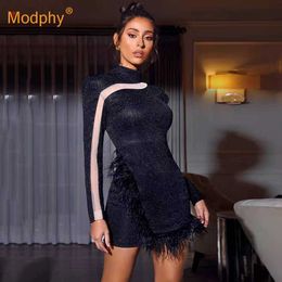 Black Autumn Shiny Dress Sexy High Neck Long Sleeve Feather Bodycon Club Evening Party Vestidos Spring 210527