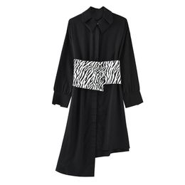 Black Shirt Dress Long Sleeve Knee Length Loose A Line Turn Down Collar Zebra Sash Asymmetrical D2048 210514