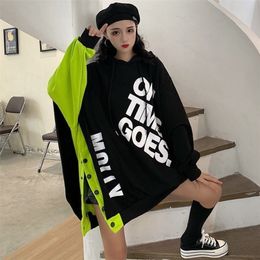 QWEEK Korean Fashion Letter Print Oversized Hoodie Streetwear Harajuku Japanese Hip Hop Sweatshirt Long Sleeve Top 220311