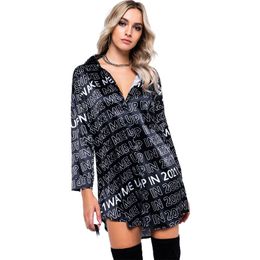 Summer Blouses temperament commuter single row cardigan printed long sleeve commuter professional Lapel short sleeve letter black and white shirt