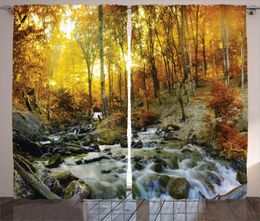 falling leaves Canada - Curtain & Drapes Landscape Curtains For Kids Room Autumn River Creek Forest Falling Leaves Rocks Trees Foliage Sunbeams Branches Window