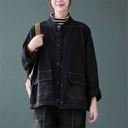Autumn Korea Fashion Women Loose Casual Black Short Coat Single Breasted Big Pocket Denim Jackets Plus Size S31 210512