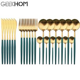 24Pcs Stainless Steel Dinnerware Fork Spoon Knife Golden Cutlery Eco Friendly Kitchen Tableware Flatware Set 210317