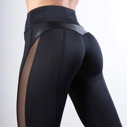 CHRLEISURE Mesh High Waist Fitness Leggings Women GYM Workout PU Leather Femme Patchwork Joggings Dropship 210925