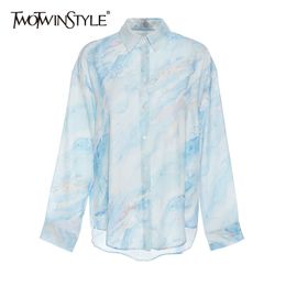 TWOTWINSTYLE Casual Shirts For Women Lapel Long Sleeve Hit Colour Tie Dye Loose Designer Chic Blouses Female Autumn Clothing 210517