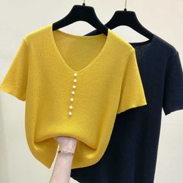 Summer Beading Pullover Knitted Short Sleeve knitted Sweater Women Slim Basic Casual Base Female knitting shirts Tops 210604