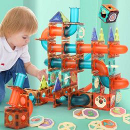 Magnetic Sheet Building Block Designer Magnet Maze Race Run Ball Marble Track Funnel Slide Brick Education DIY Toys For Children Q0723