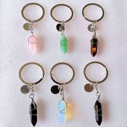crystal wire rings Canada - Wire Wrap Hexagon Prism Reiki Healing Natural Stone Keychains Chakra Amethyst Pink Rose Crystal Key rings Keyrings Women Men Jewelry