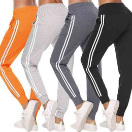 Women Sports Pants Female Casual Striped High Waist Pocket Drawstring Trousers Ladies Fitnees Gym Running Clothing 210522