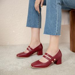 Elegant Mary Jane Shoes Woman Heels 2021 Spring Genuine Leather For Women Office Lady Working Dress