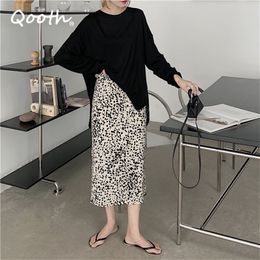 Qooth Black O-Neck Loose Long Sleeve Causal Shirt and Women's Summer Printed Leopard High Waist A Line Split Fashion Skirt QT658 210518
