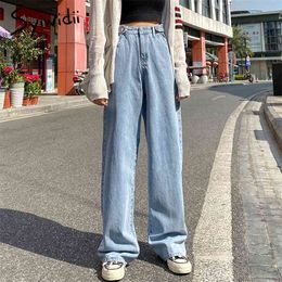Straight Jeans Plus Size Jeans Woman Denim Pants Womens Clothing High Waist Lace Up Buttons Loose Wide Leg Pants Trousers 210322