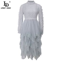 Runway Summer Luxury Midi Dresses Women's Lace Embroidery Mesh Sequined Bohemian Holiday Long sleeve Dress 210522