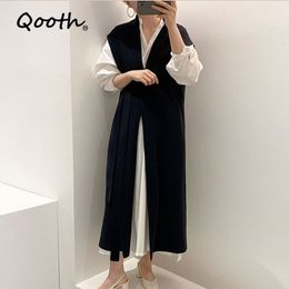Qooth Korean Suit Chic Loose Puff Sleeve Shirt Dress + V-neck Drawstring Slim Waist Knitted Vest Simple 2 Piece Set Women QT457 210518