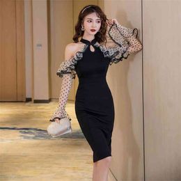 comfortable off shoulder sexy formal dress perspective sleeves ruffles high quality patchwork pencil fashion arrival 210520