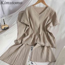 Kimutomo Solid Colour Knitted Sets Women Summer V-neck Short Sleeve Top + High Elastic Waist Wild Pleated Wide Leg Pants 210521