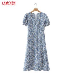 Tangada Summer Women Blue Flowers Print French Style Midi Dress Puff Short Sleeve Ladies Sundress 2M48 210609