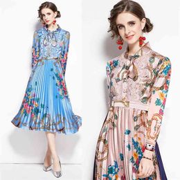 Fashion women's dress early autumn bowknot stitching lace high waist long sleeve pleated retro print 210520
