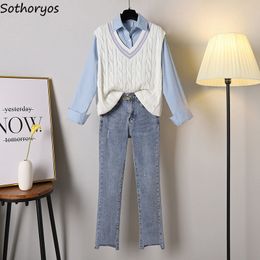 Women Sets Solid Casual Shirt Patchwork Knitted Vest 2 Pieces Student Preppy-style Fashion Simple All-match Straight Jeans Suits X0428