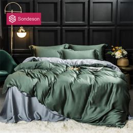 Sondeson Luxury 100% Silk Beauty Bedding Set 25 Momme Silk Duvet Cover Set Flat Sheet Bed Linen Pillowcase For Home Bed Set 4pcs 210319