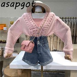 Short Sweater Candy Color V Neck Long Sleeve Pink Knit Cardigan Jacket+ Strapless Tops Spring Sweet Sets Gentle Chic Korean 210429