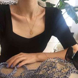 Neploe Korean T Shirt Women Clothes Vintage Crop Tops Fashion Knit Black Sweater Elegant Ladies Shirts Summer Woman Tee Tshirts 210422