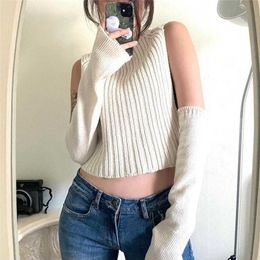 Spring Y2K Sweaters Women Fashion Knitwear Sleeveless Turtleneck Knitted Tank Top Preppy Style Pullovers Crop Top Sweater Autumn Y0825