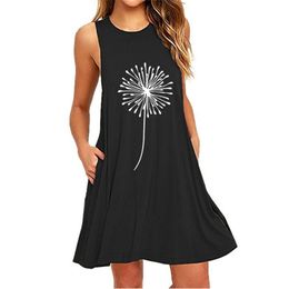 Summer Dress For Women Style Dandelion Print Sleeveless Slim A-Line Pocket Ladies Oversized es 210517