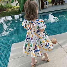 Summer Dress Fashion Cartoon Print Girl Cute Bubble Sleeve Halter Bow Princess Children Clothes 210515