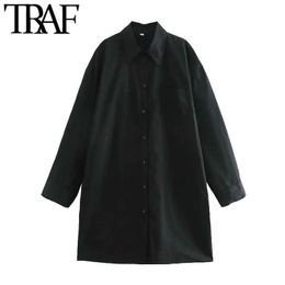 TRAF Women Fashion With Pockets Oversized Blouses Vintage Long Sleeve Button-up Female Shirts Blusas Chic Tops 210721