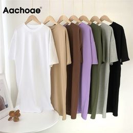 Aachoae Women Casual Loose Solid 100% Cotton T Shirt Dress O Neck Mini Dress Batwing Short Sleeve Basic Dresses Vestidos 201025