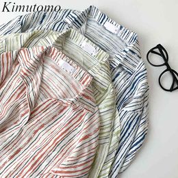 Kimutomo Chic Striped Shirt Women Spring Korean Style Female Turn-down Collar Three Quarter Sleeve Loose Casual Top 210521