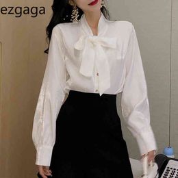 Ezgaga Elegant Blouse Women Bowknot Lace Up Korean Fashion Spring Loose Solid Chic Long Sleeve Ladies Shirts All-Match 210430