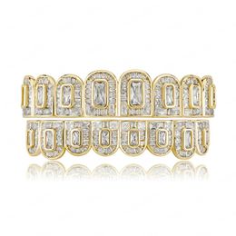 Europe and America Hip Hop Iced Out Square CZ Gold Plated Bling Teeth Grillz Top Bottom Diamond Teeth Grillzs Set for Men Women Hip Hop Grills