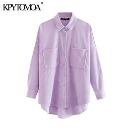 KPYTOMOA Women Fashion Pockets Oversized Corduroy Shirts Vintage Long Sleeve Asymmetric Loose Female Blouses Chic Tops 210317