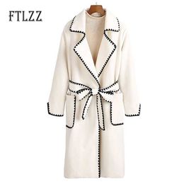 Fashion Women Streetwear Blend Coat Winter Female Medium Long Turn-down Collar Woolen Cloth With Belt Overcoat 210525