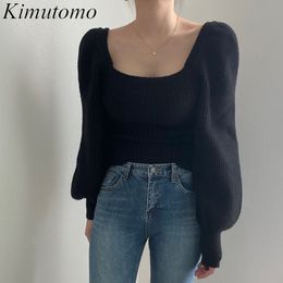 Kimutomo maglione lavorato a maglia da donna primavera autunno stile coreano colletto quadrato da donna solido pullover con maniche a lanterna elegante 210521