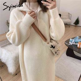 Syiwidii Autumn Winter Midi Dress Woman 2021 Warm Turtleneck Thicken Vintage Long Oversize Sweaters Dresses Casual Knitted Dress G1214