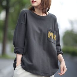 Johnature Loose Leisure Patchwork Pocket Letter O-neck Long Sleeve Pullover T-shirts Autumn Simple All-match Women Tops 210521