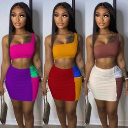 Echoine One Shoulder Crop Tank Top Colour Patchwork Mini Skirt Two Piece Set Clubwear Bodycon Sexy Party Outfits Matching Sets X0709