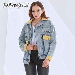 Vintage Patchwork Hit Colour Denim Jacket For Women Lapel Long Sleeve Casual Korean Coat Female Fall Fashion 210524