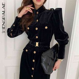 Spring Winter Women's Silm Casual Stand Collar Single Breasted Solid Color Long Sleeve Straight Dress 8D964 210427