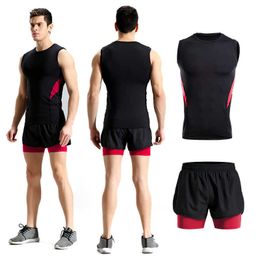 Summer Sports Set Men's Elastic Tight-Fitting Quick-Drying Vest Double-Layer Running Shorts Muscle Brothers Fitness Clothes Suit X0909