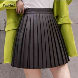 Casual Summer Women Mini Skirt High Waist Black Pleated s Womens Korean y2k Fashion School Pu Streetwear Short 210629