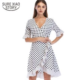 fashion short sleeve women summer dress wooden ear irregular V collar Chiffon flare dot 3330 50 210506