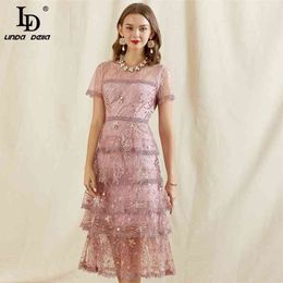 Summer Fashion Runway Elegant Party Dresses Women Gorgeous Lace Sequined Mesh Overlay Holidays Midi Dress 210522