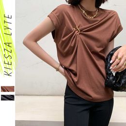 Summer T shirts Solid Black White Cotton for Women French Design Brooch sleeveless Loose shirt Office Ladies ops 210608