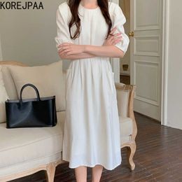 Korejpaa Women Dress Korean Fashion Simple O-Neck Solid Colour Double Pocket Pleated Casual Bubble Sleeve Dresses 210526