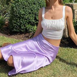 Solid Purple Satin Silk Skirt Women High Waisted Summer Long Skirt Elegant Ladies Office Skirts Midi Spring 210518